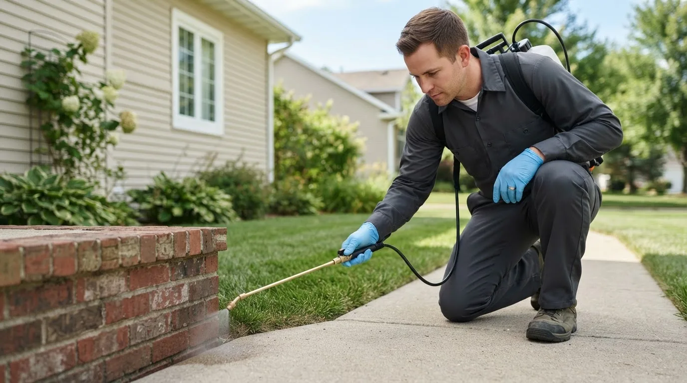 Pest control technician treating a home near Annandale, MN